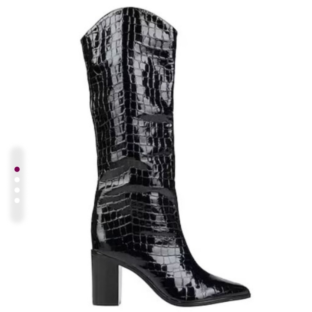 SCHUTZ Black Croc-Embossed Knee-High Boots